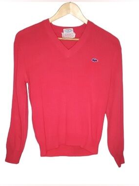 Lacoste Women's Vintage V-Neck Sweater in Coral Red Croc-  Classic ‘80’s